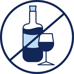 Cercle barré contenant une bouteille de vin et un verre à pied.